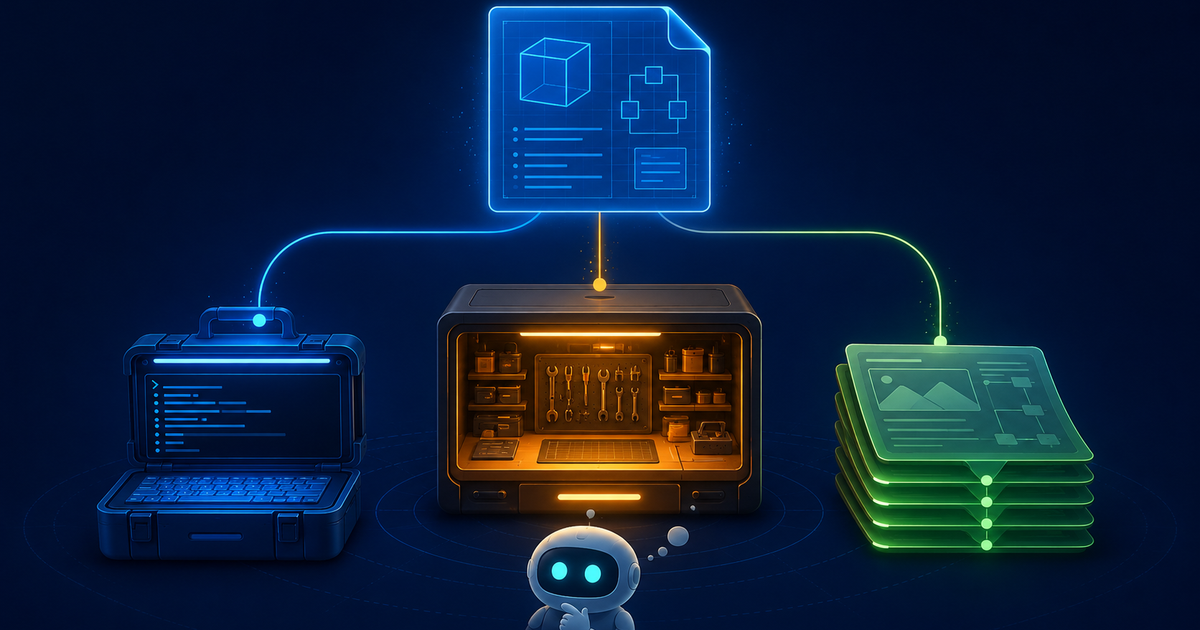 Editorial illustration of three distinct workbenches representing spec driven development tools Spec Kit, AWS Kiro, and OpenSpec, with a shared specification blueprint connecting them