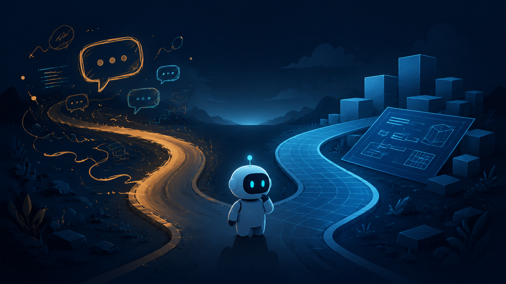 Editorial illustration of a fork in the road splitting into a loose improvisational path and a structured blueprint path, representing vibe coding versus spec-driven development