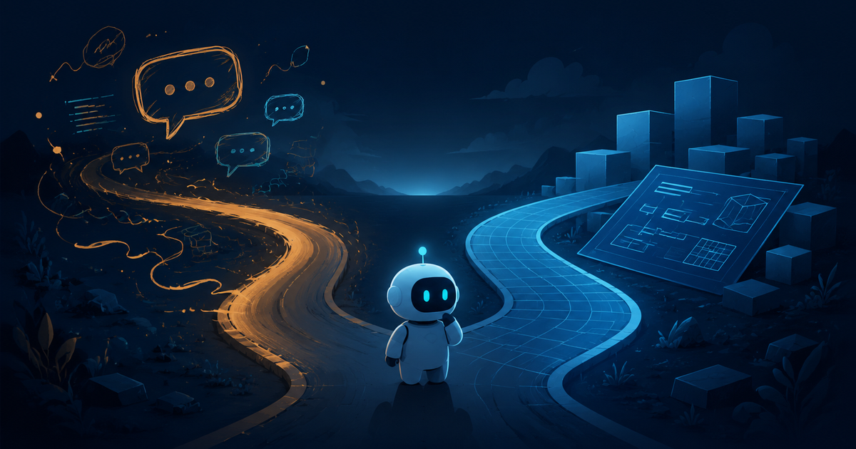 Editorial illustration of a fork in the road splitting into a loose improvisational path and a structured blueprint path, representing vibe coding versus spec-driven development