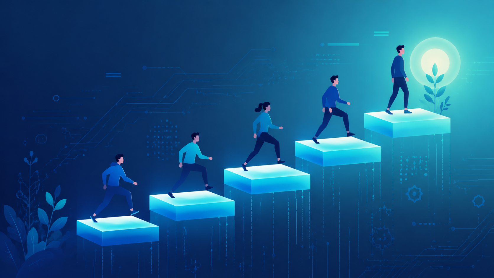 Software engineer levels illustrated as figures climbing an ascending ladder