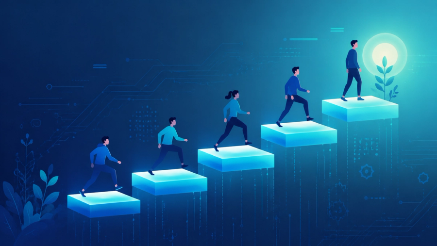 Software engineer levels illustrated as figures climbing an ascending ladder