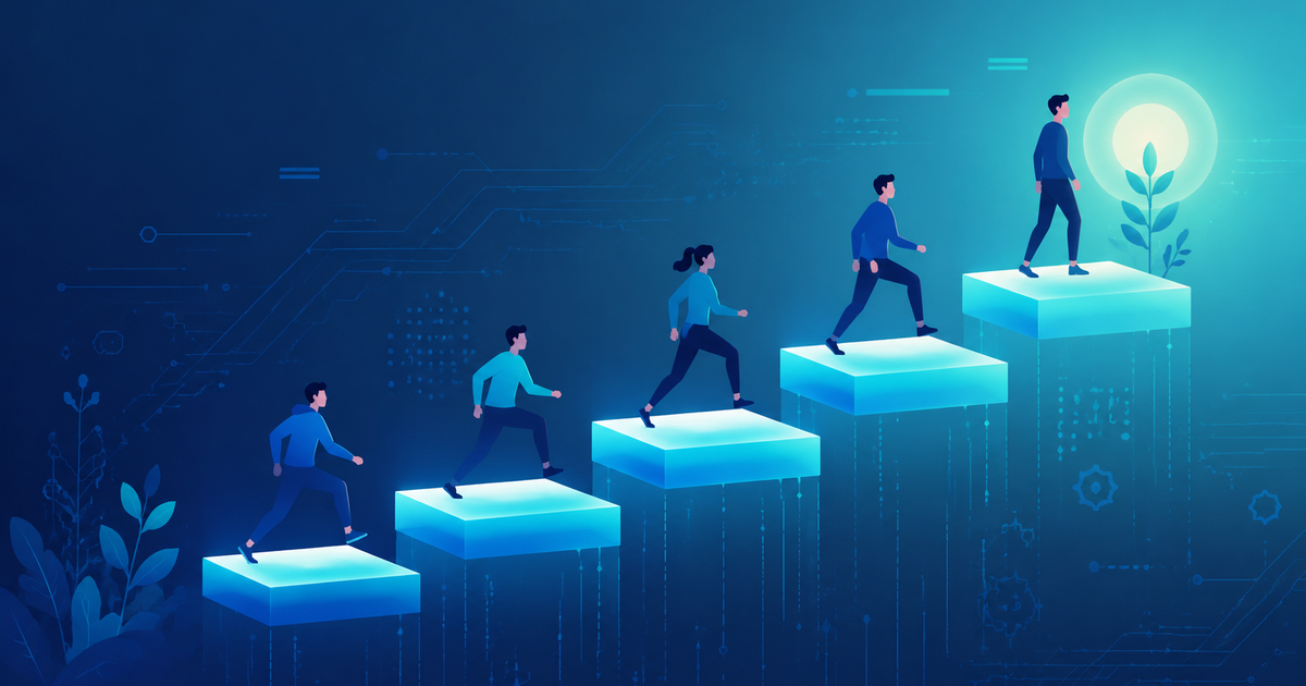 Software engineer levels illustrated as figures climbing an ascending ladder