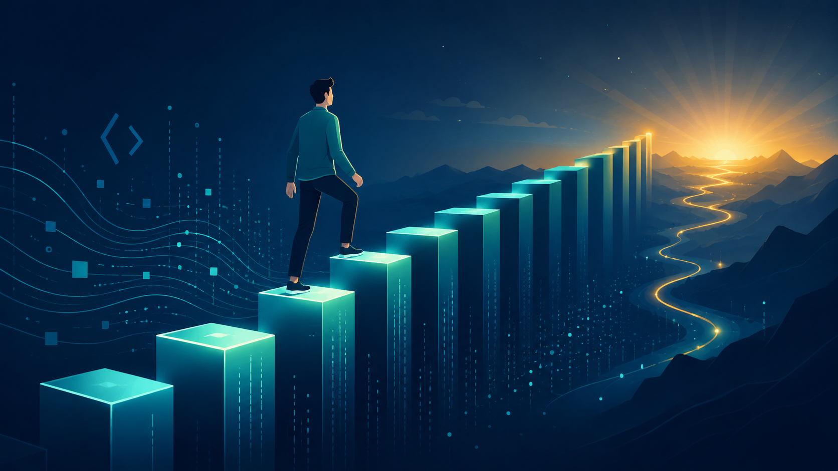 Editorial illustration of a rising staircase built from glowing bar-chart columns leading toward a bright amber horizon, with a single calm human figure walking up the ascending data columns and subtle code brackets and data streams flowing alongside, in a teal and deep blue palette, conveying a strong data-backed long-term career outlook in software.