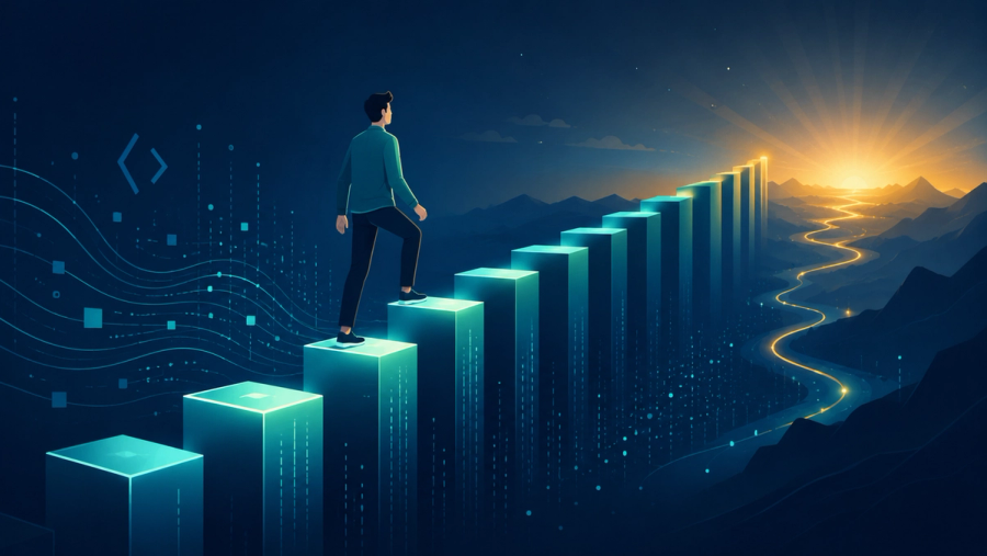 Editorial illustration of a rising staircase built from glowing bar-chart columns leading toward a bright amber horizon, with a single calm human figure walking up the ascending data columns and subtle code brackets and data streams flowing alongside, in a teal and deep blue palette, conveying a strong data-backed long-term career outlook in software.