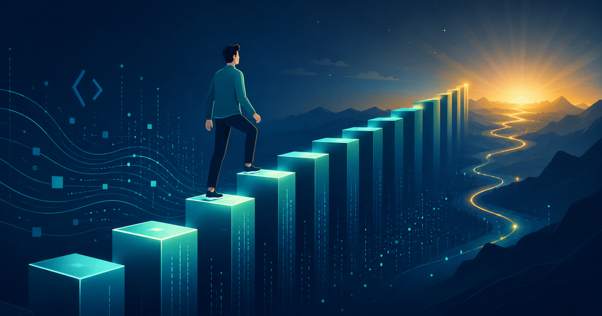 Editorial illustration of a rising staircase built from glowing bar-chart columns leading toward a bright amber horizon, with a single calm human figure walking up the ascending data columns and subtle code brackets and data streams flowing alongside, in a teal and deep blue palette, conveying a strong data-backed long-term career outlook in software.