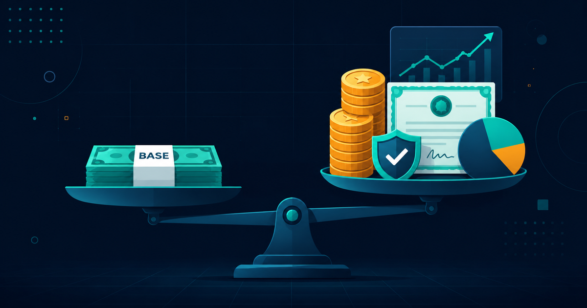 Balanced scale comparing base salary cash against a total compensation package of equity, bonus and benefits