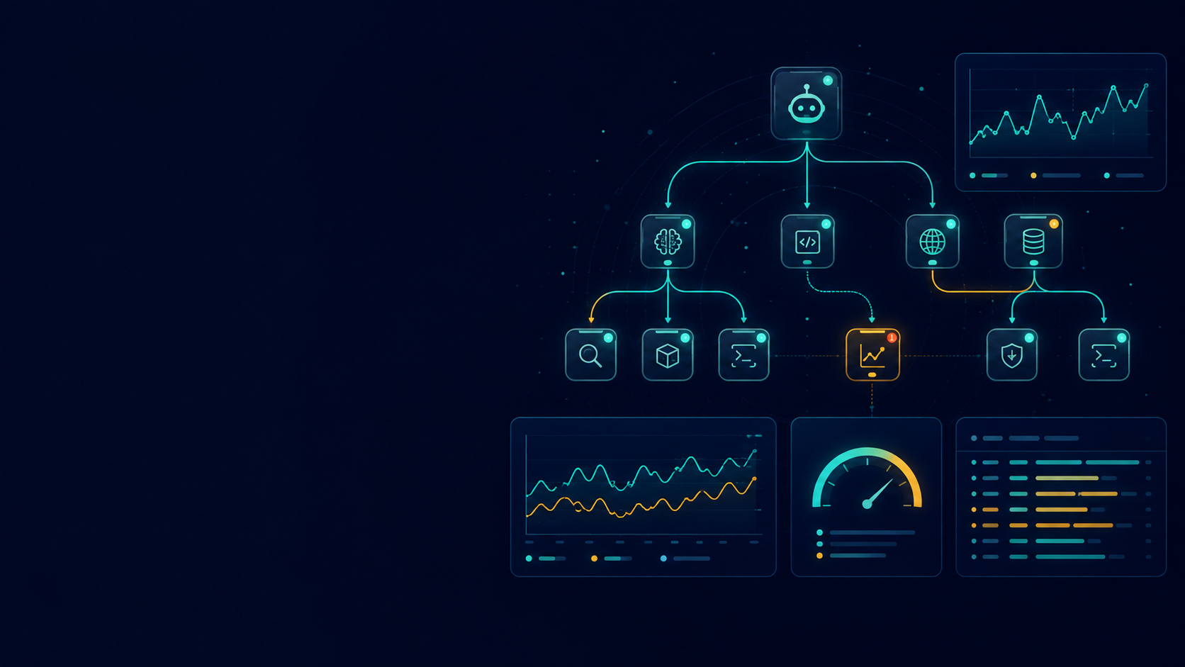 Editorial banner illustration for AI agent observability in production, showing a glowing branching trace tree, metric charts, and log lines on a dark navy background.