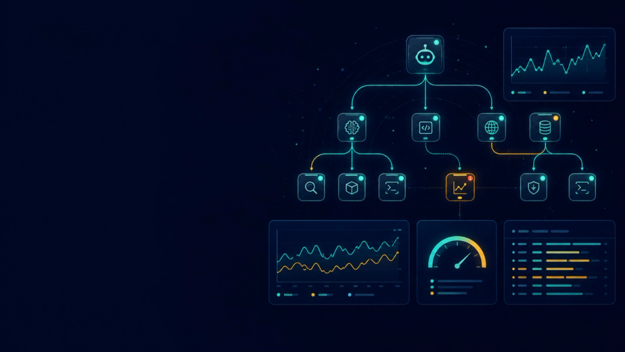 Editorial banner illustration for AI agent observability in production, showing a glowing branching trace tree, metric charts, and log lines on a dark navy background.