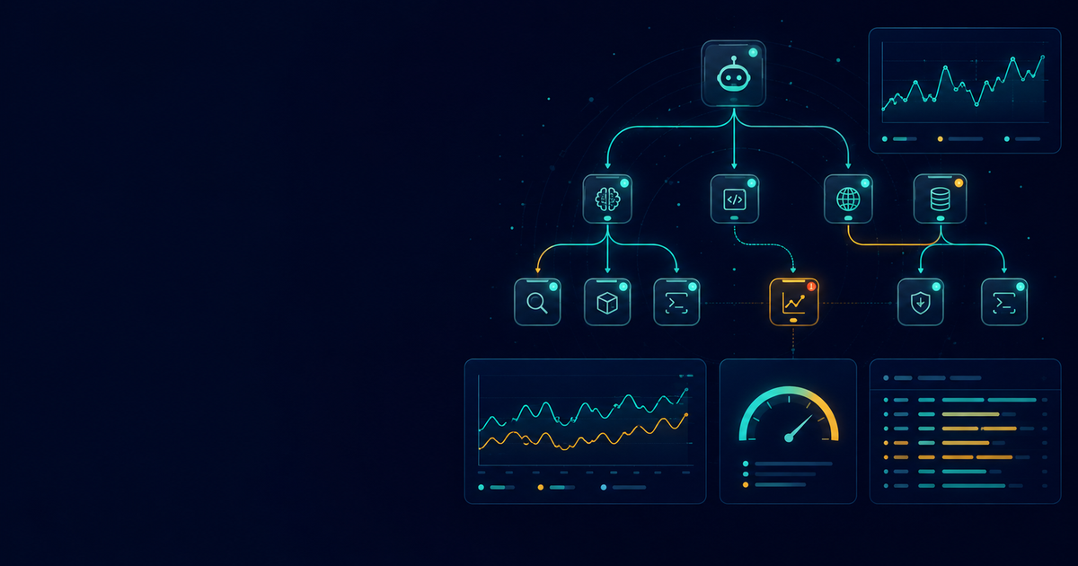Editorial banner illustration for AI agent observability in production, showing a glowing branching trace tree, metric charts, and log lines on a dark navy background.