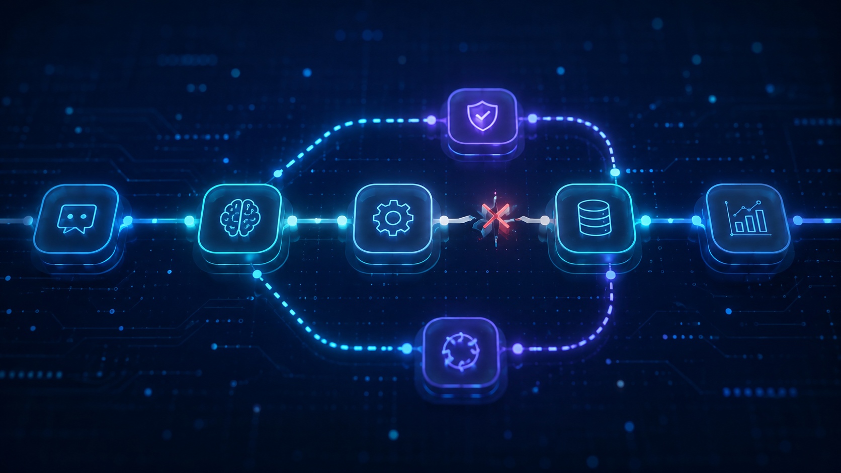 Glowing AI agent pipeline rerouting around a broken link through circuit-breaker and retry nodes