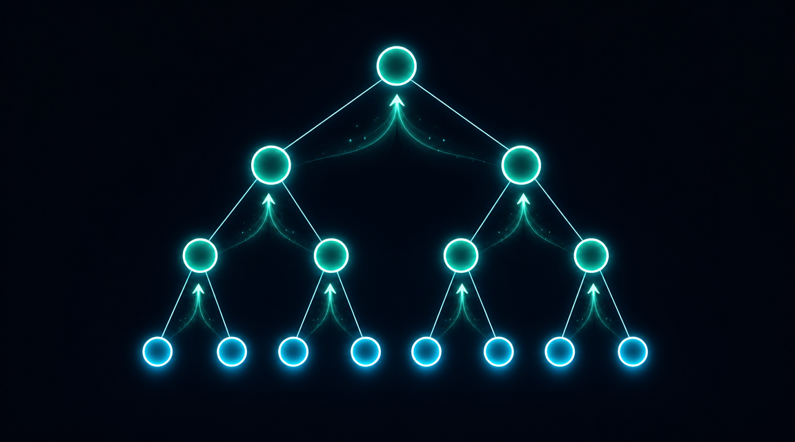 Dynamic programming on trees illustration showing binary tree with glowing nodes and bottom-up computation arrows
