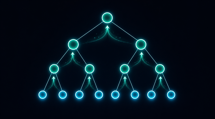Dynamic programming on trees illustration showing binary tree with glowing nodes and bottom-up computation arrows