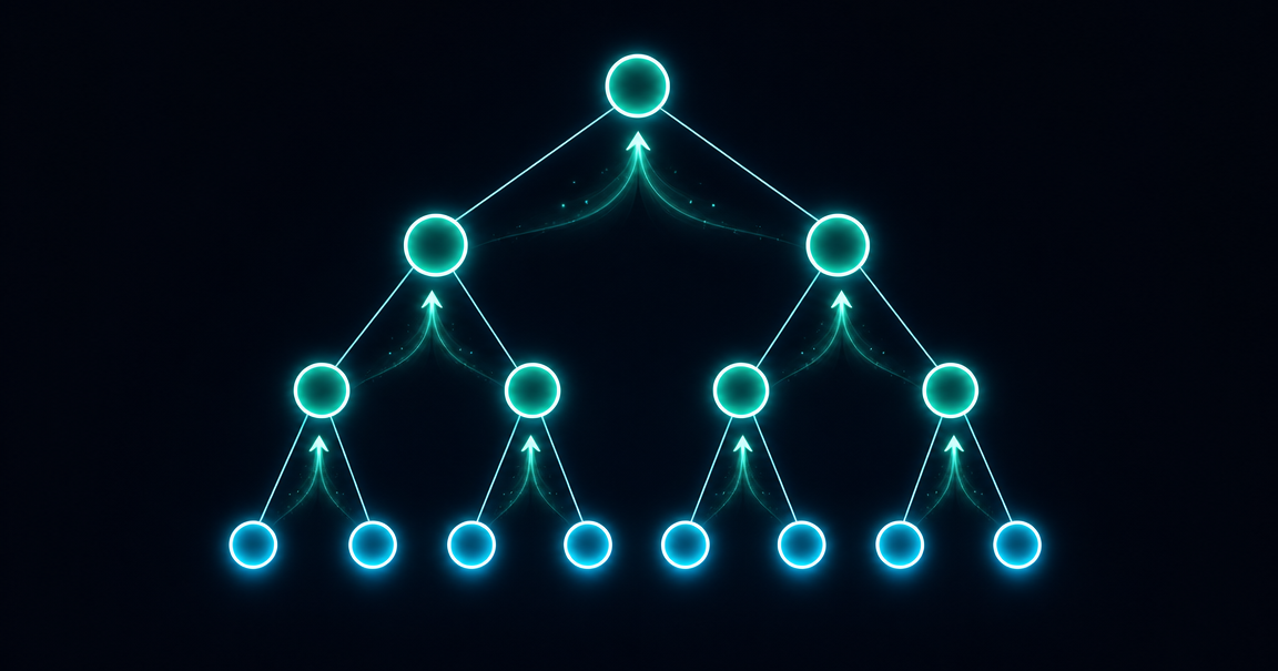 Dynamic programming on trees illustration showing binary tree with glowing nodes and bottom-up computation arrows