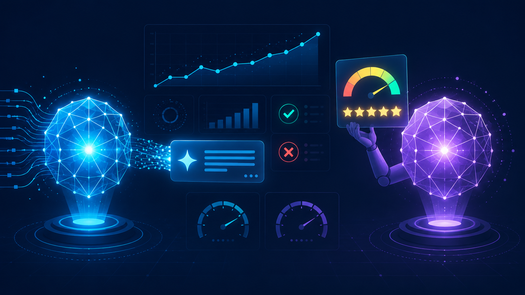 Editorial illustration of one AI language model producing an answer while a second model acts as a judge holding a score gauge, with quality dashboards, representing LLM evaluation and AI evals