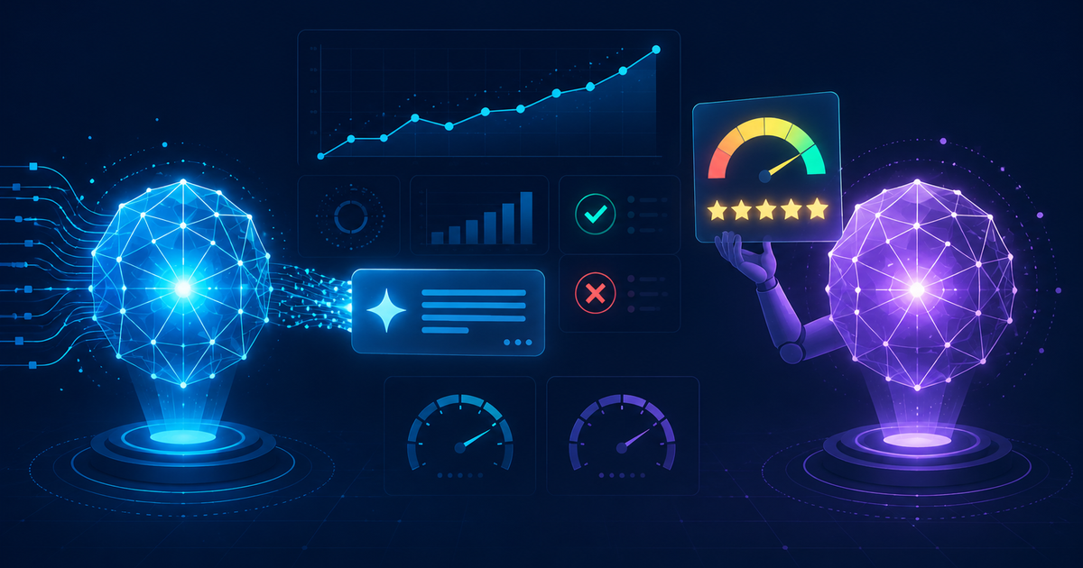 Editorial illustration of one AI language model producing an answer while a second model acts as a judge holding a score gauge, with quality dashboards, representing LLM evaluation and AI evals