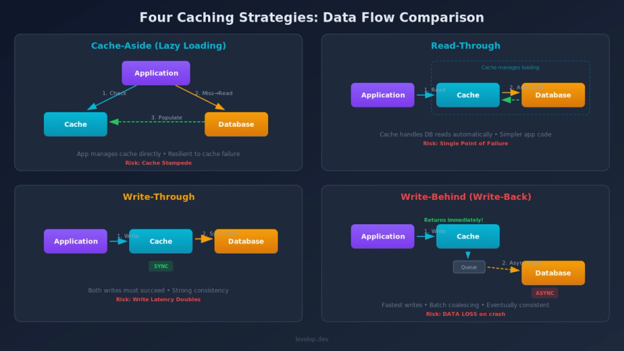 Comparison diagram of four caching strategies showing data flow patterns