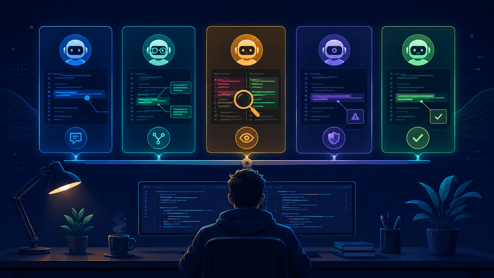 Editorial illustration comparing several AI code review tools side by side, shown as glowing panels above a developer's desk, each inspecting code with annotations, a magnifying glass over a diff, a security shield, and a checkmark, representing how to choose the best AI code review tool