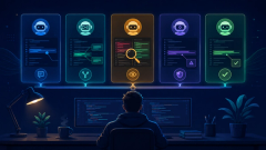 Editorial illustration comparing several AI code review tools side by side, shown as glowing panels above a developer's desk, each inspecting code with annotations, a magnifying glass over a diff, a security shield, and a checkmark, representing how to choose the best AI code review tool