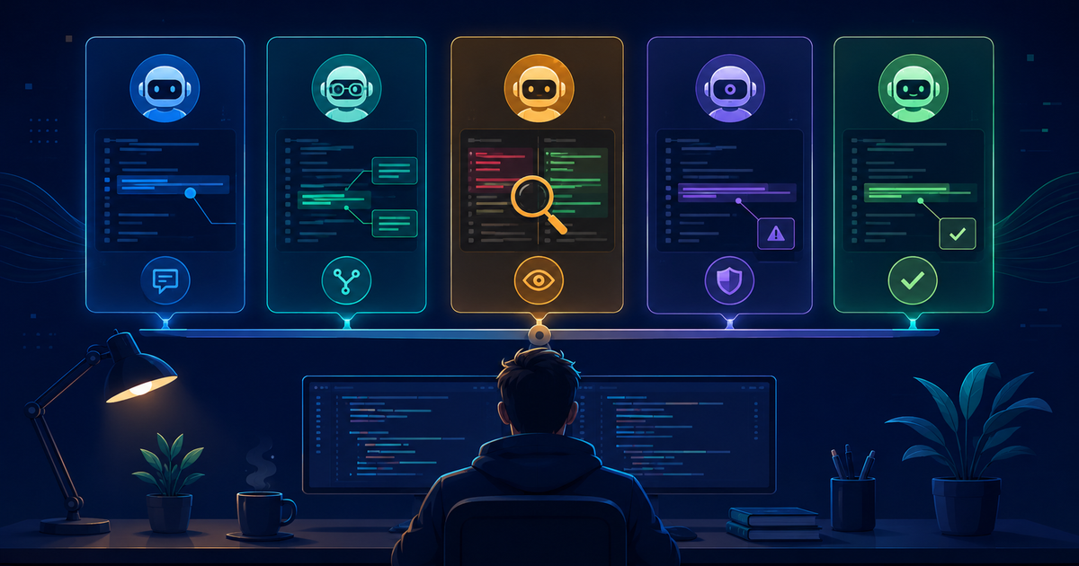 Editorial illustration comparing several AI code review tools side by side, shown as glowing panels above a developer's desk, each inspecting code with annotations, a magnifying glass over a diff, a security shield, and a checkmark, representing how to choose the best AI code review tool