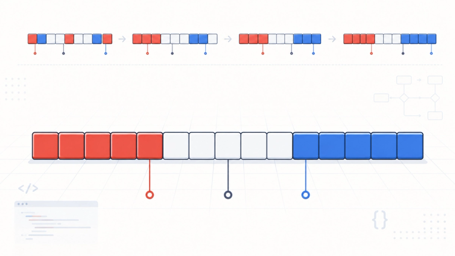 Illustration of an array being partitioned into red, white, and blue bands by low, mid, and high pointers