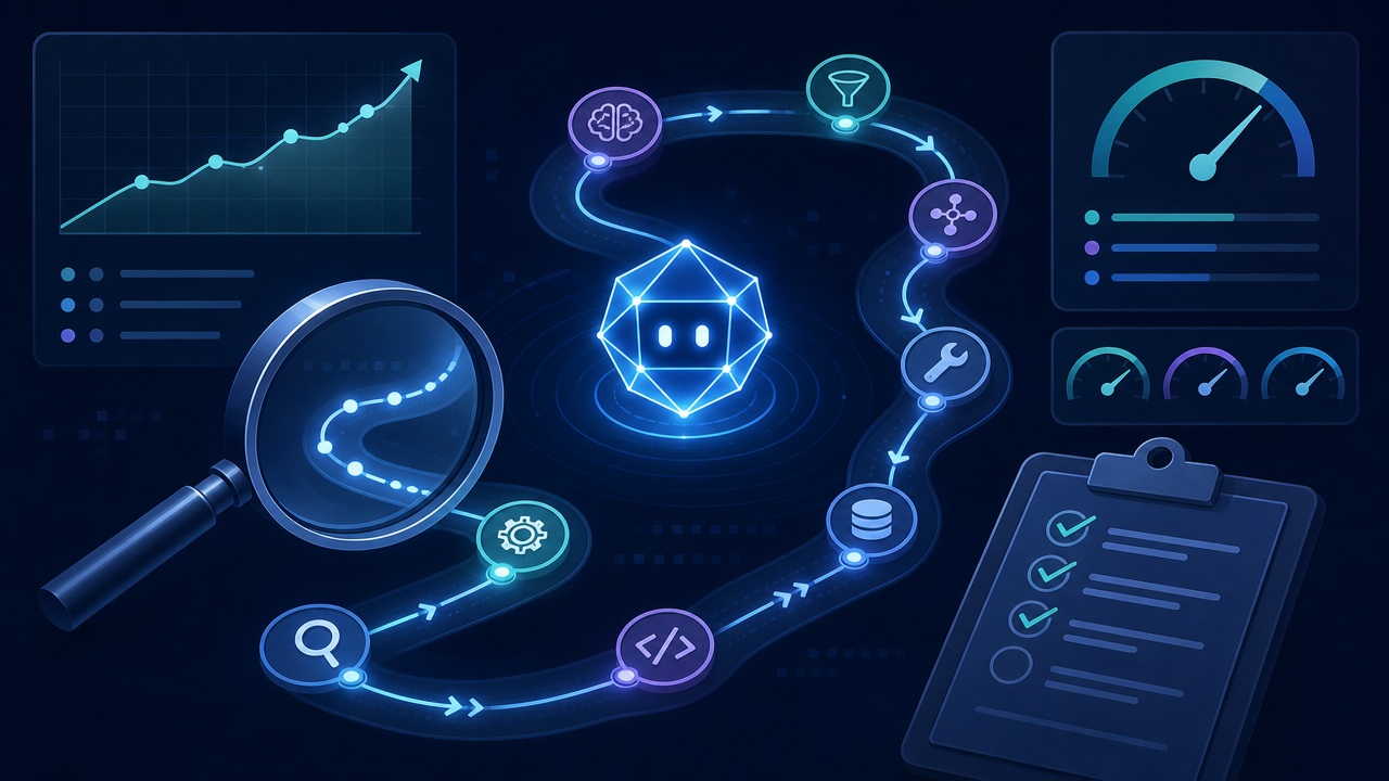 Editorial illustration of an autonomous AI agent following a multi-step path of tool calls while a magnifying glass and checklist inspect the whole trajectory, with dashboards showing success-rate, step-count, and tool-accuracy metrics, representing AI agent evaluation