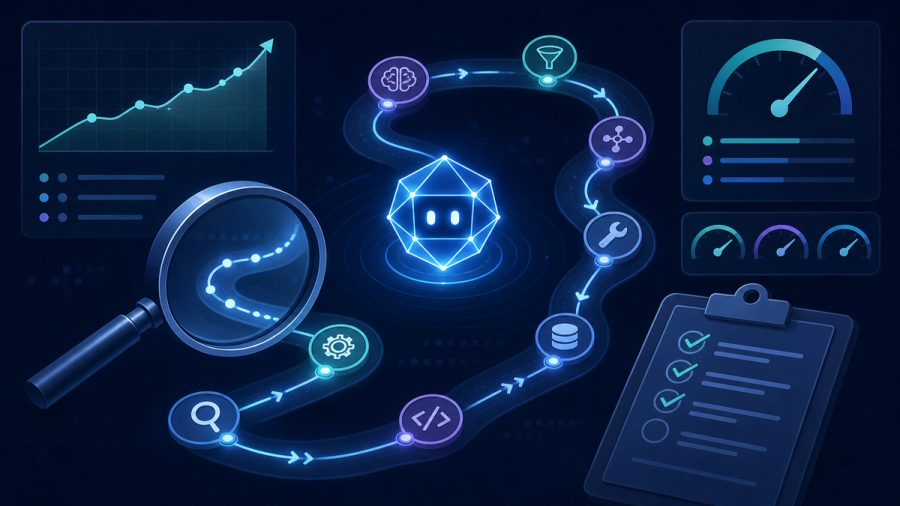 Editorial illustration of an autonomous AI agent following a multi-step path of tool calls while a magnifying glass and checklist inspect the whole trajectory, with dashboards showing success-rate, step-count, and tool-accuracy metrics, representing AI agent evaluation