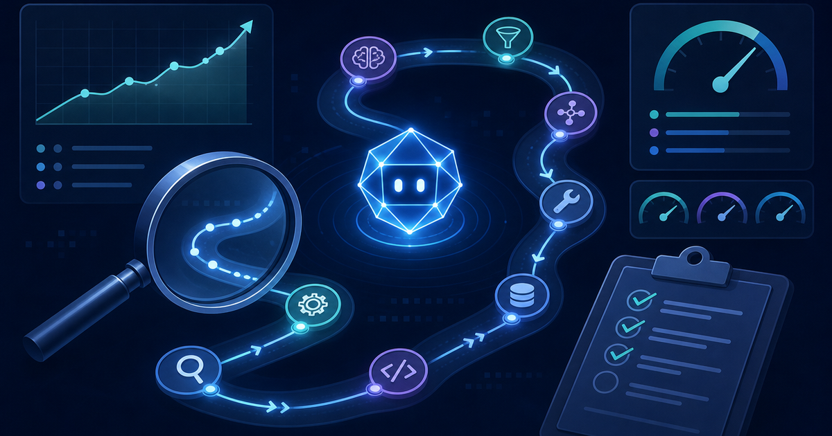 Editorial illustration of an autonomous AI agent following a multi-step path of tool calls while a magnifying glass and checklist inspect the whole trajectory, with dashboards showing success-rate, step-count, and tool-accuracy metrics, representing AI agent evaluation