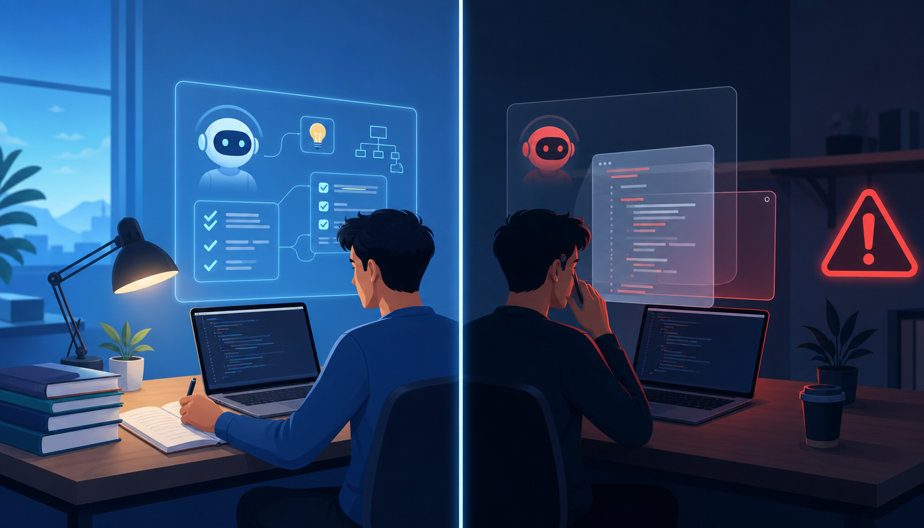 Split illustration: an engineer using AI to study on the left, a hidden AI answer overlay with a red warning on the right
