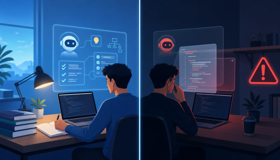 Split illustration: an engineer using AI to study on the left, a hidden AI answer overlay with a red warning on the right