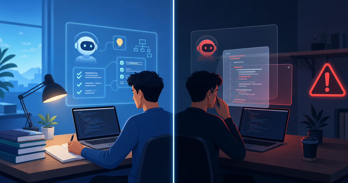 Split illustration: an engineer using AI to study on the left, a hidden AI answer overlay with a red warning on the right