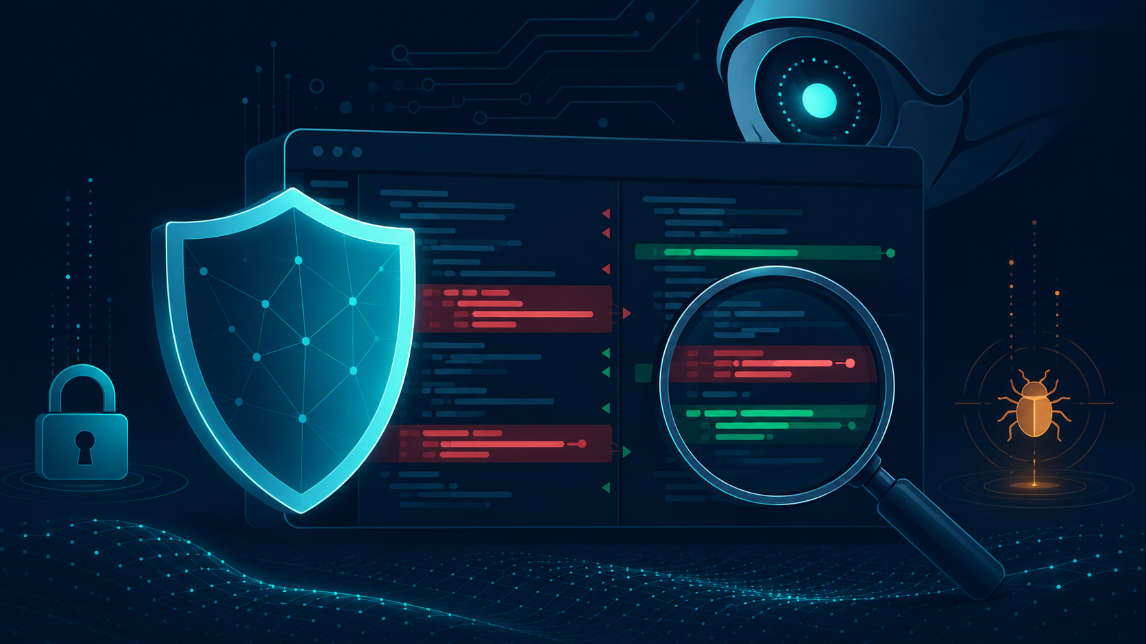 Editorial illustration of an AI system reviewing source code for security vulnerabilities, with a glowing shield over a code diff, a magnifying glass scanning the lines, some lines flagged red and others green, a padlock and a bug icon, representing AI secure code review