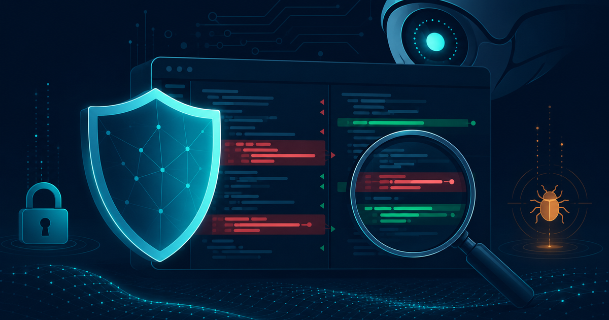 Editorial illustration of an AI system reviewing source code for security vulnerabilities, with a glowing shield over a code diff, a magnifying glass scanning the lines, some lines flagged red and others green, a padlock and a bug icon, representing AI secure code review