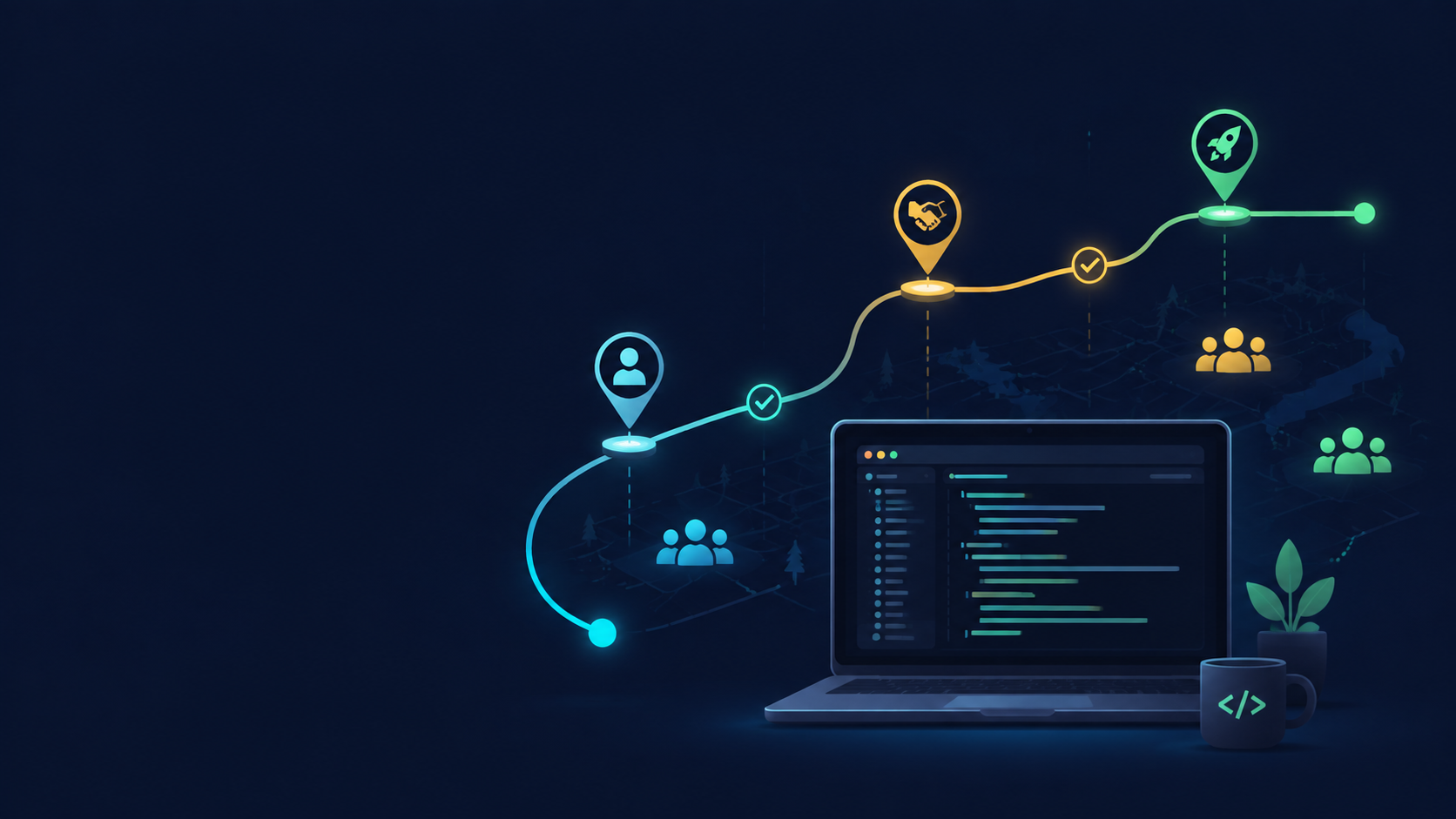 Editorial banner illustration for developer onboarding, showing a laptop beside a two-week milestone timeline and a team, on a dark navy background.