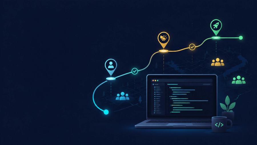 Editorial banner illustration for developer onboarding, showing a laptop beside a two-week milestone timeline and a team, on a dark navy background.