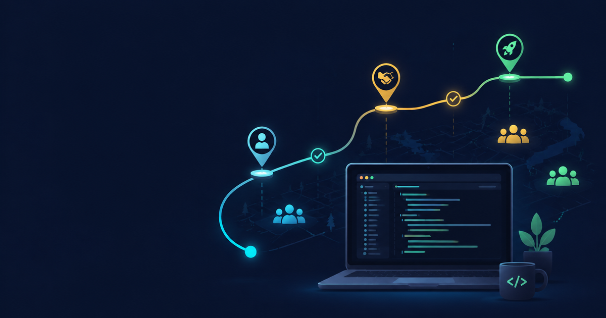 Editorial banner illustration for developer onboarding, showing a laptop beside a two-week milestone timeline and a team, on a dark navy background.