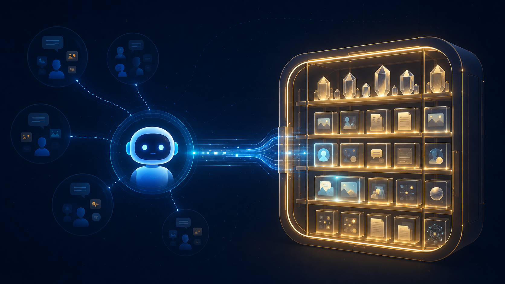Editorial illustration of an AI agent connected by a glowing conduit to a large external memory vault of organized storage cells holding facts and past conversations. Faded session bubbles reconnect to the same persistent vault, representing long-term memory for AI agents that survives across separate sessions. The live session glows blue and the persistent long-term store glows gold.