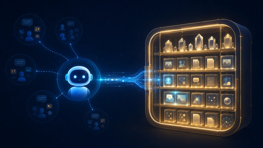 Editorial illustration of an AI agent connected by a glowing conduit to a large external memory vault of organized storage cells holding facts and past conversations. Faded session bubbles reconnect to the same persistent vault, representing long-term memory for AI agents that survives across separate sessions. The live session glows blue and the persistent long-term store glows gold.