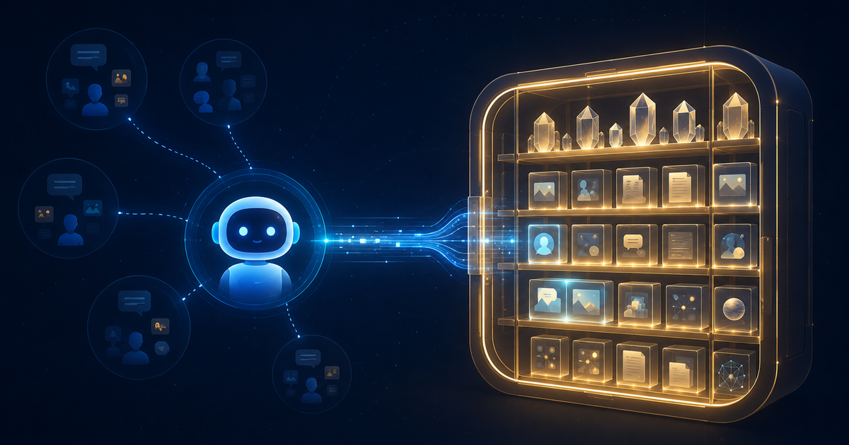 Editorial illustration of an AI agent connected by a glowing conduit to a large external memory vault of organized storage cells holding facts and past conversations. Faded session bubbles reconnect to the same persistent vault, representing long-term memory for AI agents that survives across separate sessions. The live session glows blue and the persistent long-term store glows gold.
