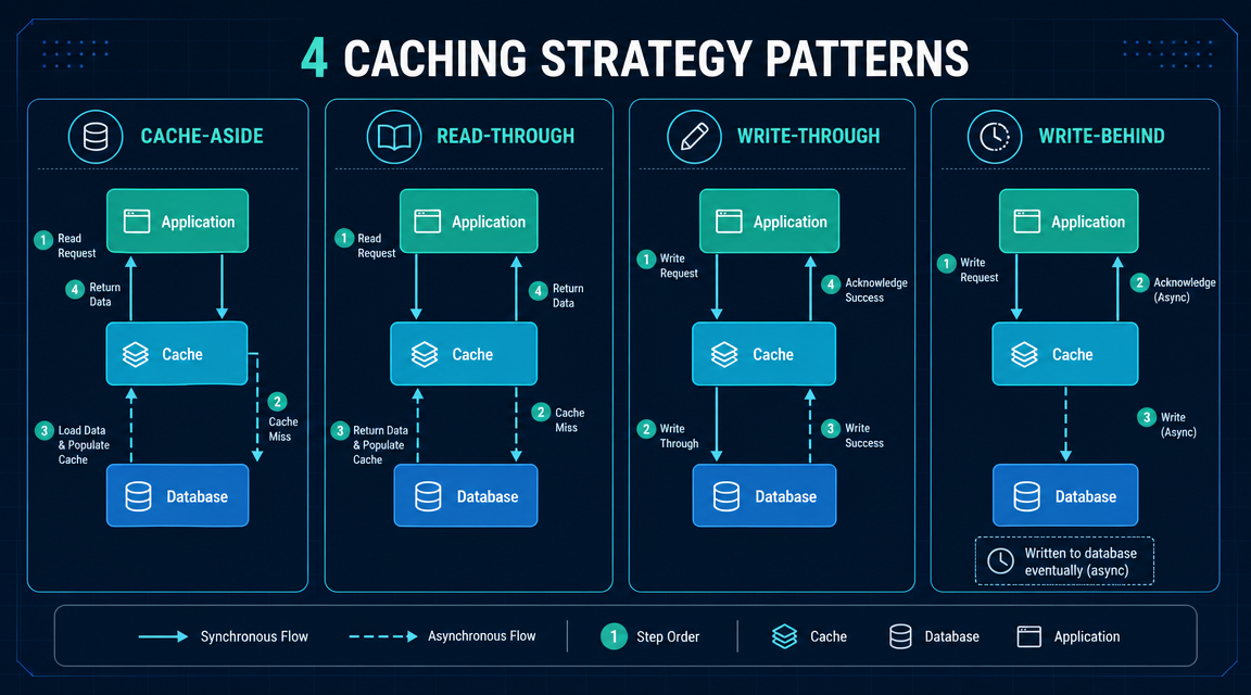 Four caching strategies diagram showing cache-aside, read-through, write-through, and write-behind patterns