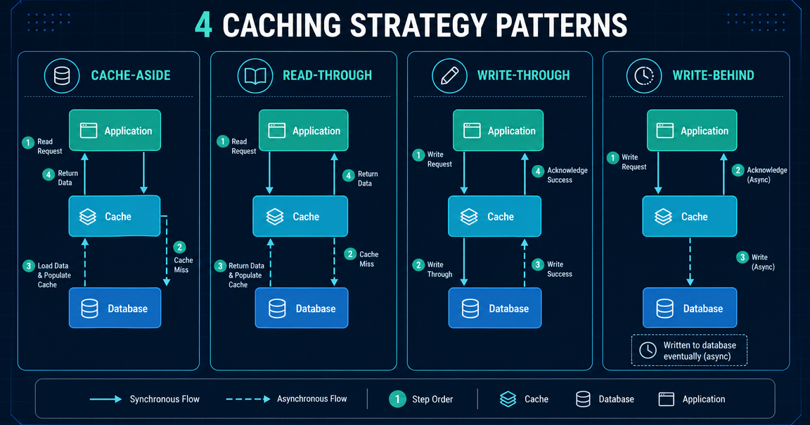 Four caching strategies diagram showing cache-aside, read-through, write-through, and write-behind patterns