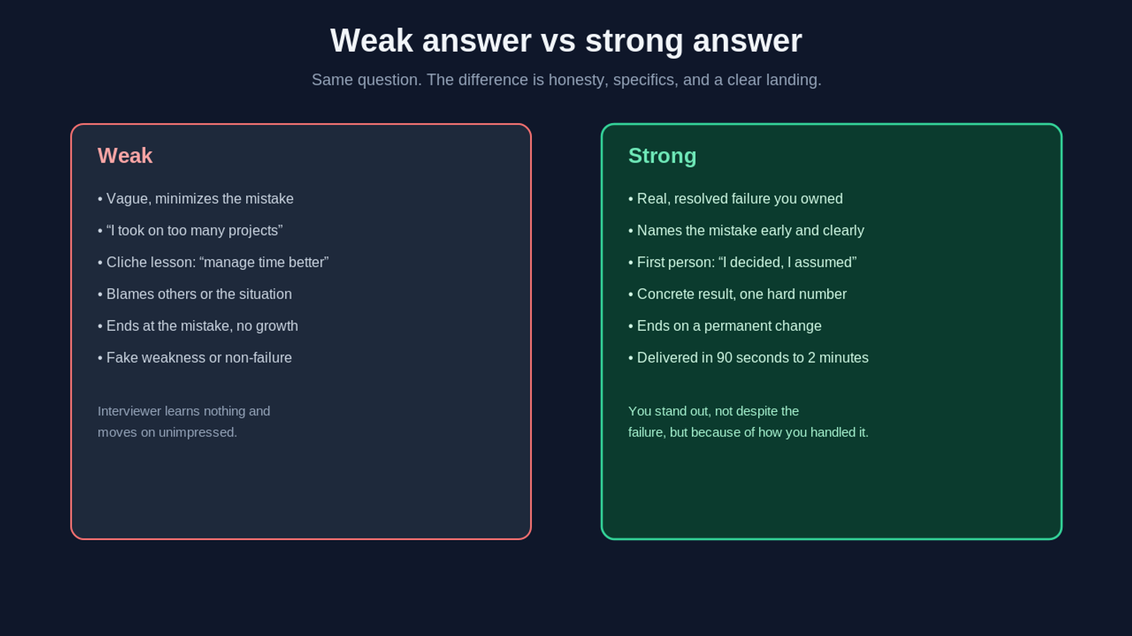 Side by side comparison of a weak failure answer versus a strong failure answer in an interview