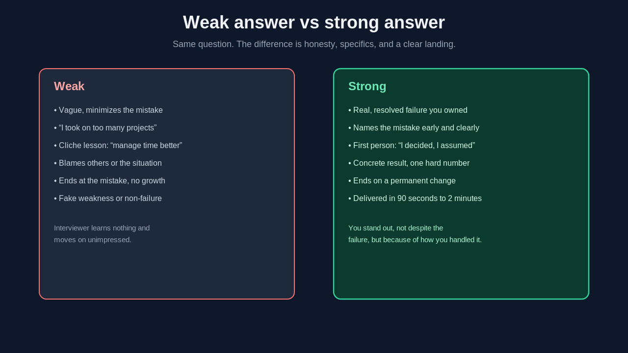 Side by side comparison of a weak failure answer versus a strong failure answer in an interview