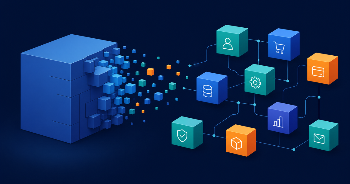 Monolith to microservices migration showing a large block breaking into smaller independent services
