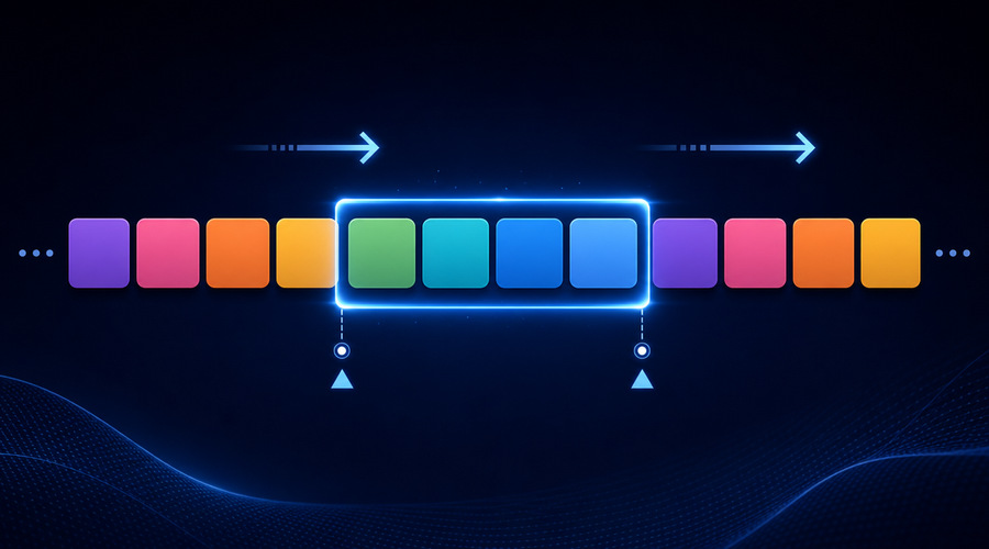 Sliding window algorithm visualization showing a glowing blue window frame moving across colorful data blocks
