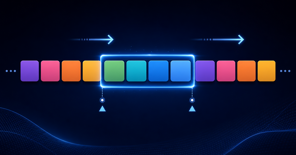 Sliding window algorithm visualization showing a glowing blue window frame moving across colorful data blocks