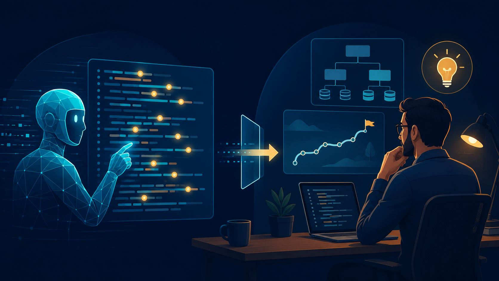 Editorial illustration contrasting AI code review and human code review as a partnership: an AI assistant rapidly scans and highlights many lines of code on the left, while a human engineer on the right weighs architecture, roadmap, and intent, with a handoff to a human final sign-off