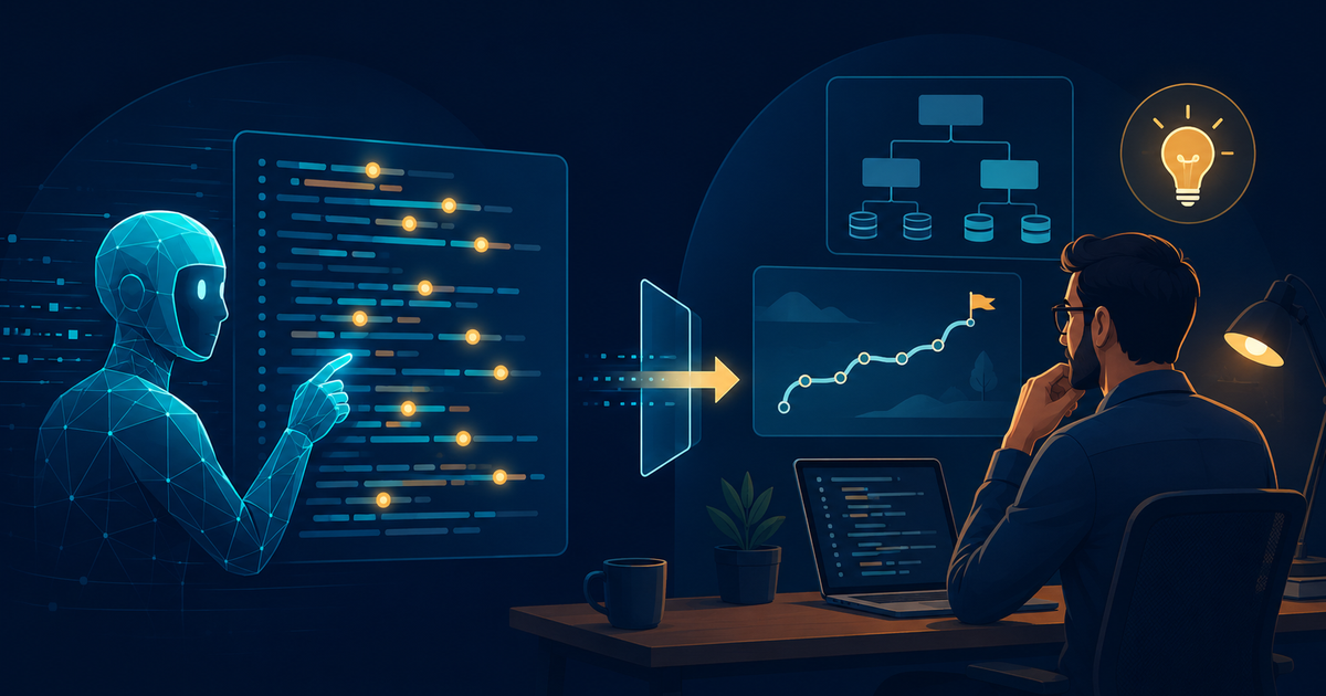 Editorial illustration contrasting AI code review and human code review as a partnership: an AI assistant rapidly scans and highlights many lines of code on the left, while a human engineer on the right weighs architecture, roadmap, and intent, with a handoff to a human final sign-off