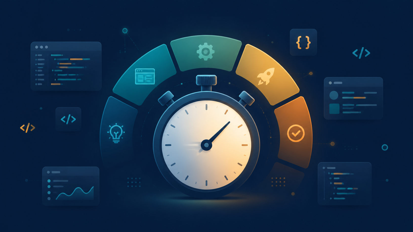 Stopwatch with a five-segment arc representing the phases of a coding interview