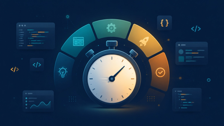 Stopwatch with a five-segment arc representing the phases of a coding interview