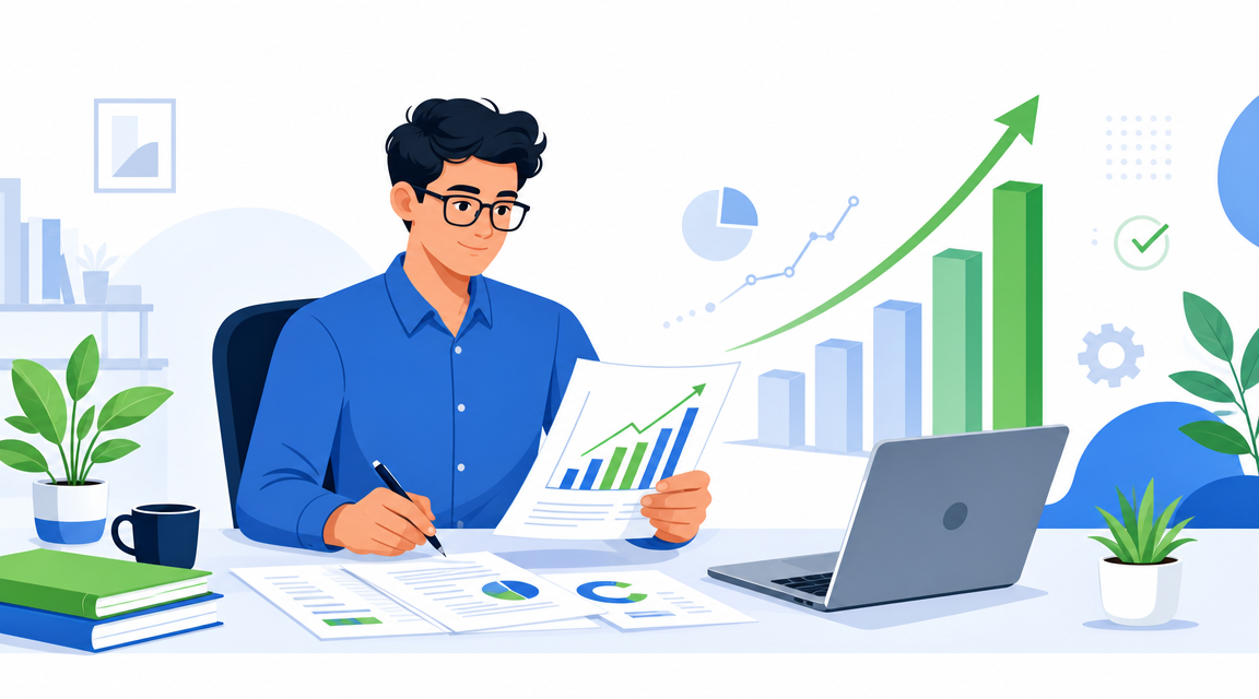 Professional illustration of software engineer reviewing salary negotiation documents with upward trending charts